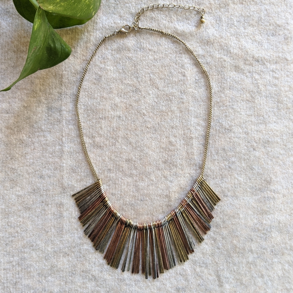 3-Tone Metal Tassel Bib Necklace
